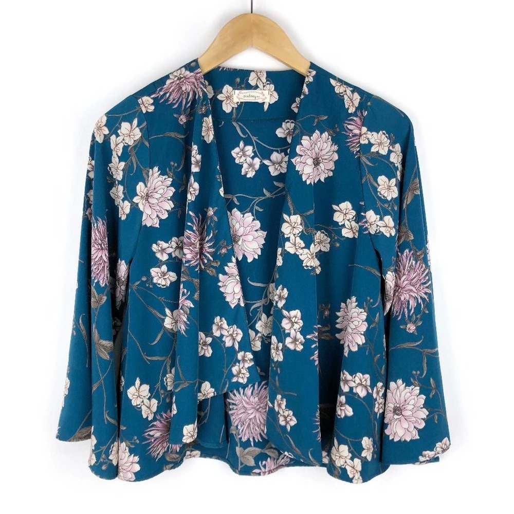 Audrey 3+1 Kimono Cardigan Teal Blue Floral Trumpet Sleeve Short Open S